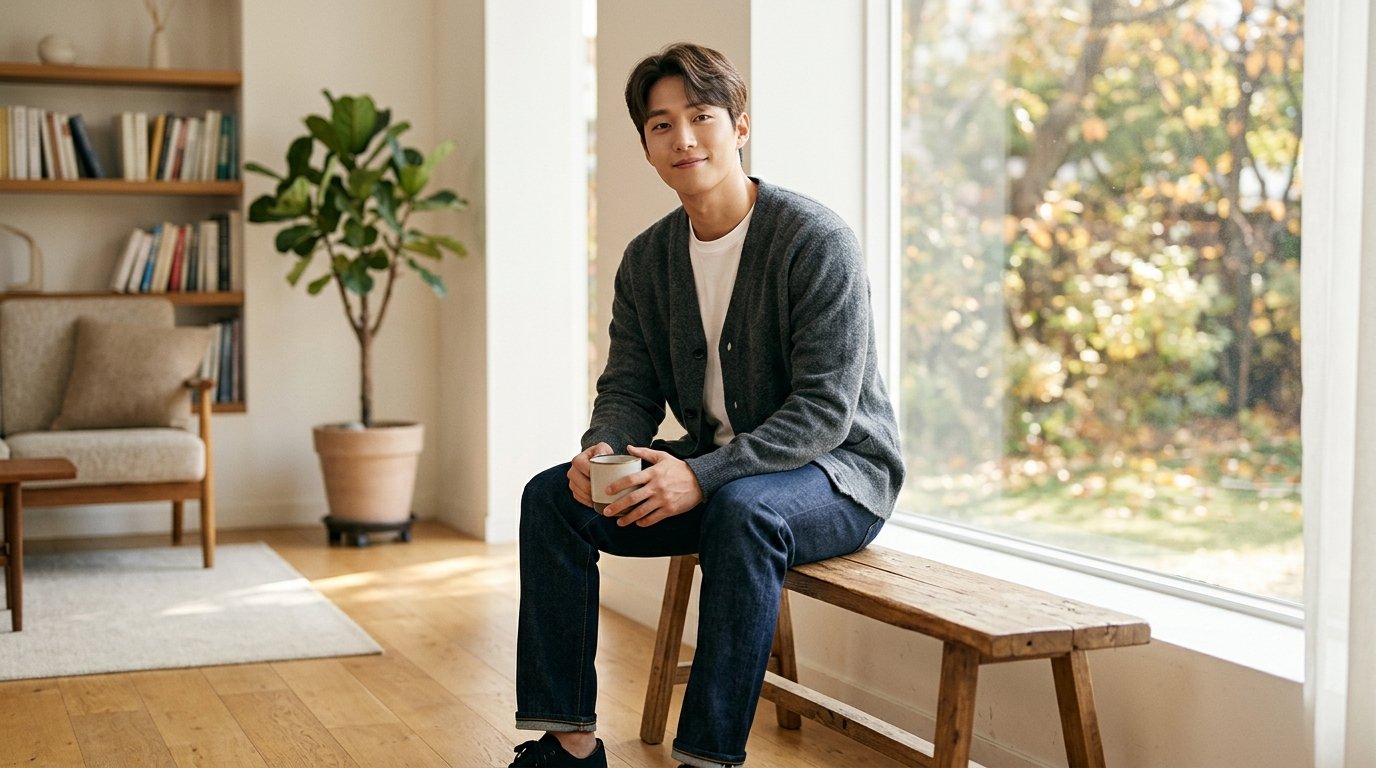 도심 거리에서 가디건을 입고 여유롭게 앉아 있는 남성