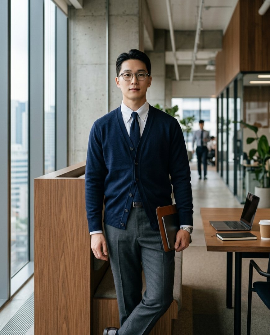 사무실에서 블레이저와 가디건을 겹쳐 입은 남성
