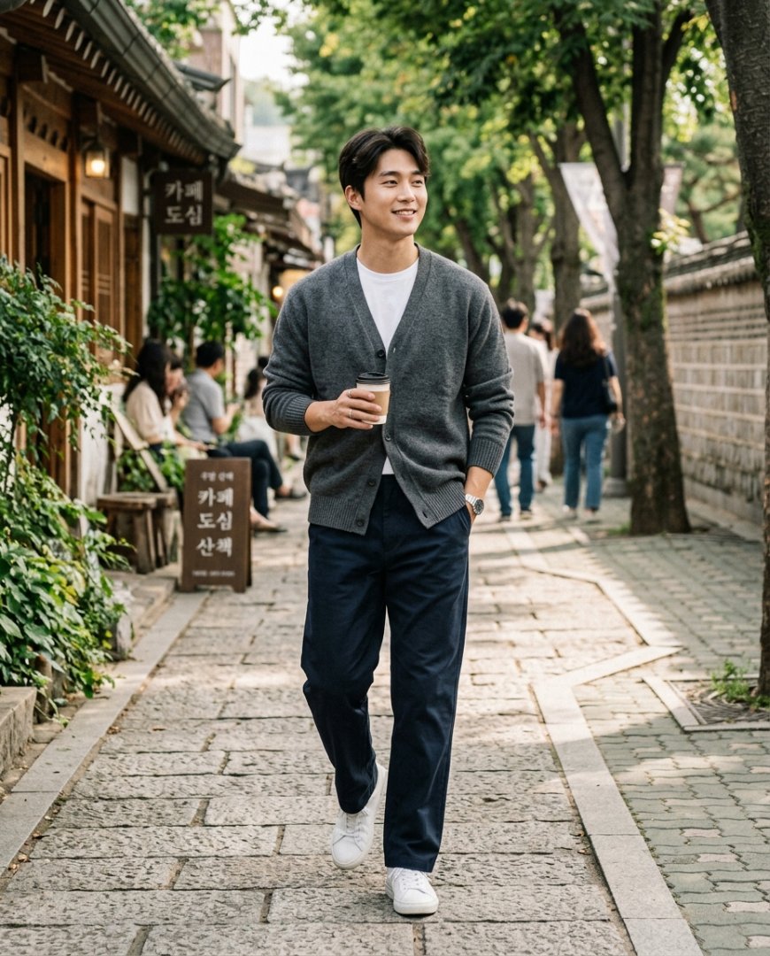 도심 거리에서 가디건을 걸친 남성