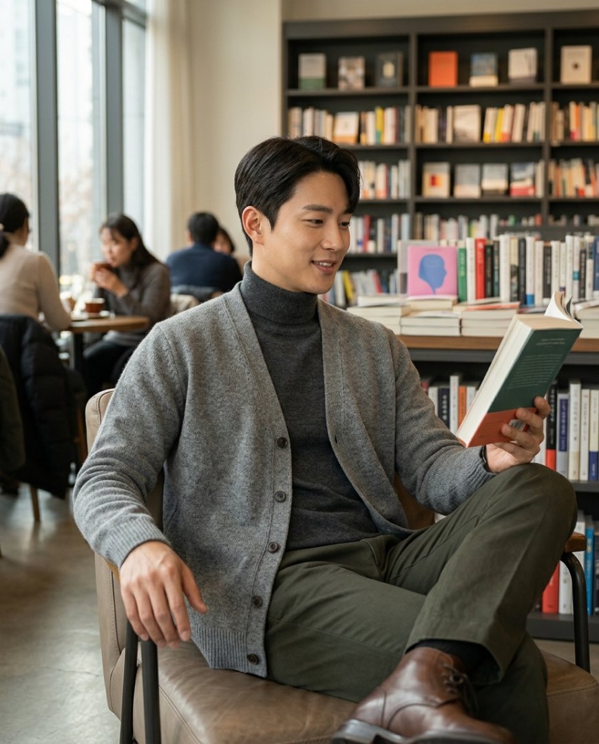 카페 실내에서 울가디건을 착용한 남성