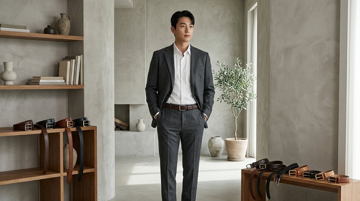 다양한 남성 벨트가 나무 테이블에 놓인 장면