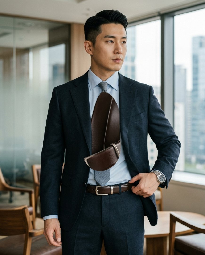 슈트 착장이 돋보이는 남성, 블랙 가죽 벨트 사용