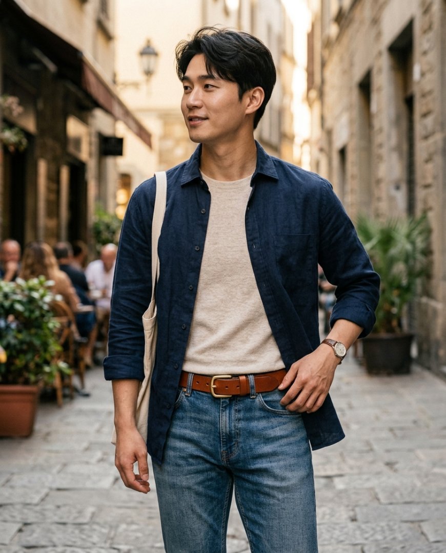 카페에서 데님과 브라운 벨트를 착용한 남성