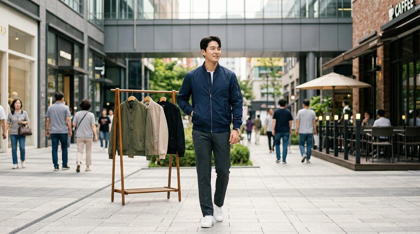 도시 배경에서 여러 남성이 캐쥬얼 블루종을 착용하고 있는 모습