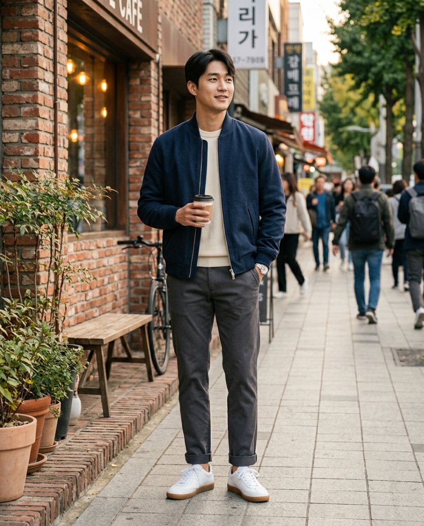 카페에서 블루종을 입고 커피를 들고 있는 남성