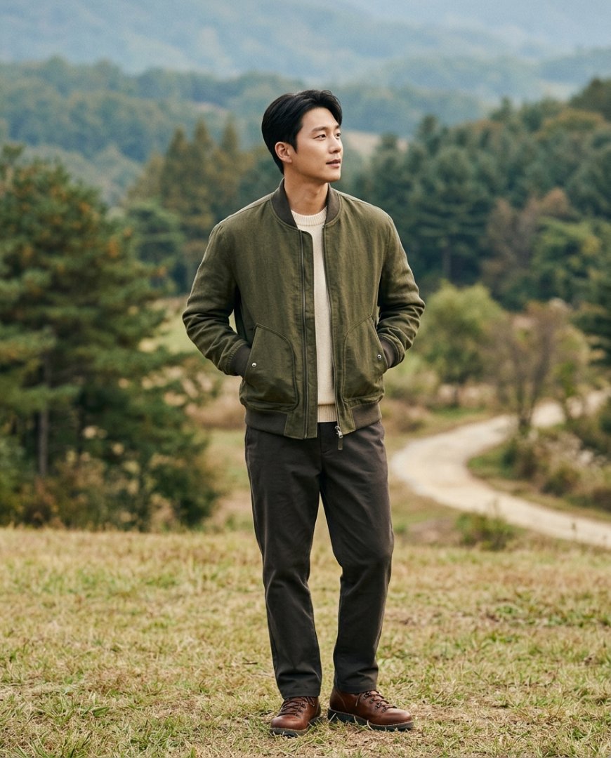 공원에서 아웃도어 블루종을 입고 자연을 즐기는 남성