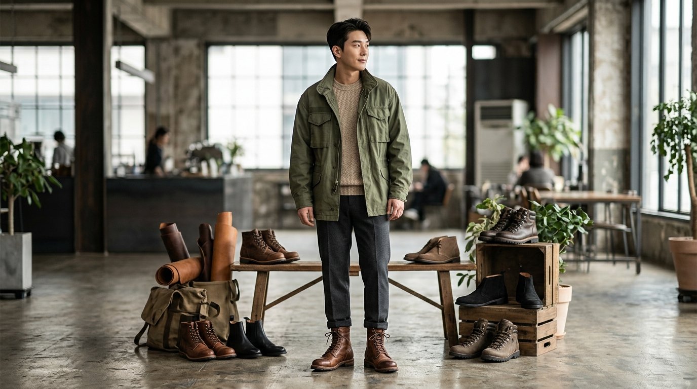 다양한 남성 부츠가 배치된 쇼룸 전경