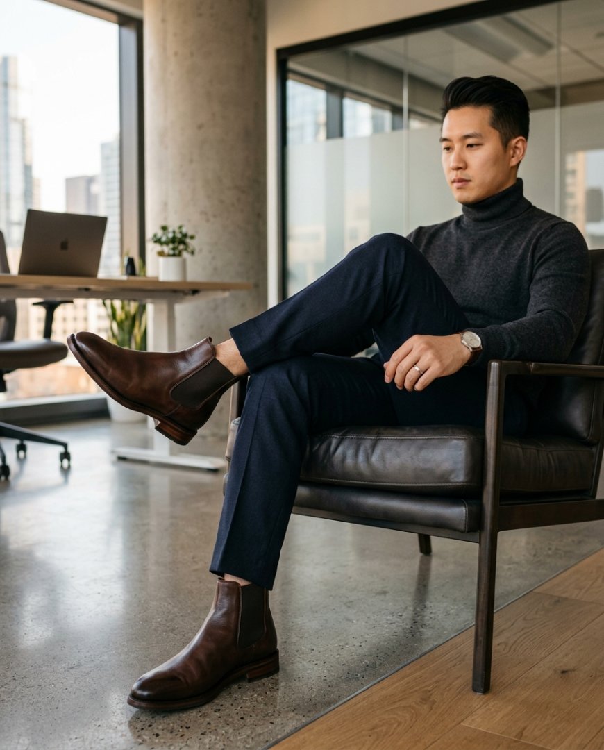 책상 앞 세미수트 차림의 직장인