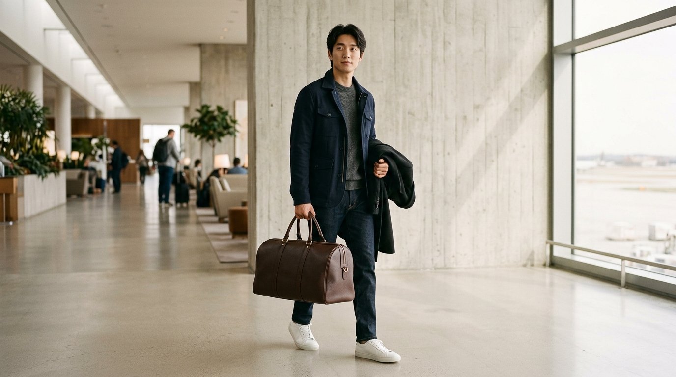 남성들이 보스턴백을 들고 있는 도시 장면
