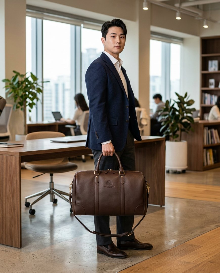 사무실 책상 위의 보스턴백과 직장인