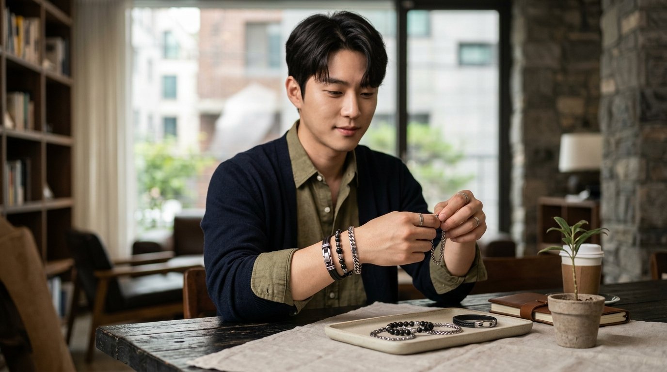 다양한 디자인의 남성 팔찌가 놓인 장면