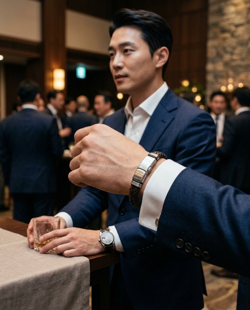 남성의 손목에 착용된 고급 팔찌가 정장과 조화를 이루는 모습