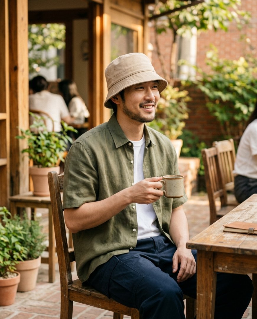 철도 플랫폼에서 헌팅캡을 쓴 남성