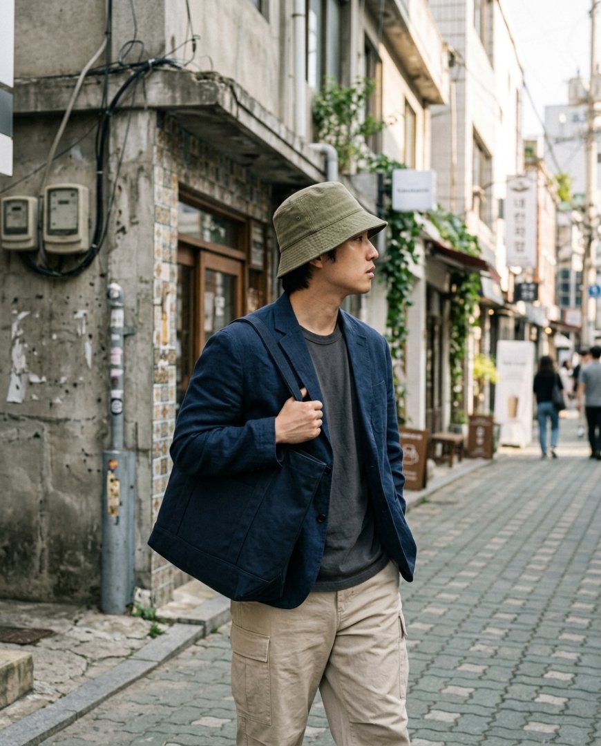 도시 거리를 걷는 야구모자 쓴 남성