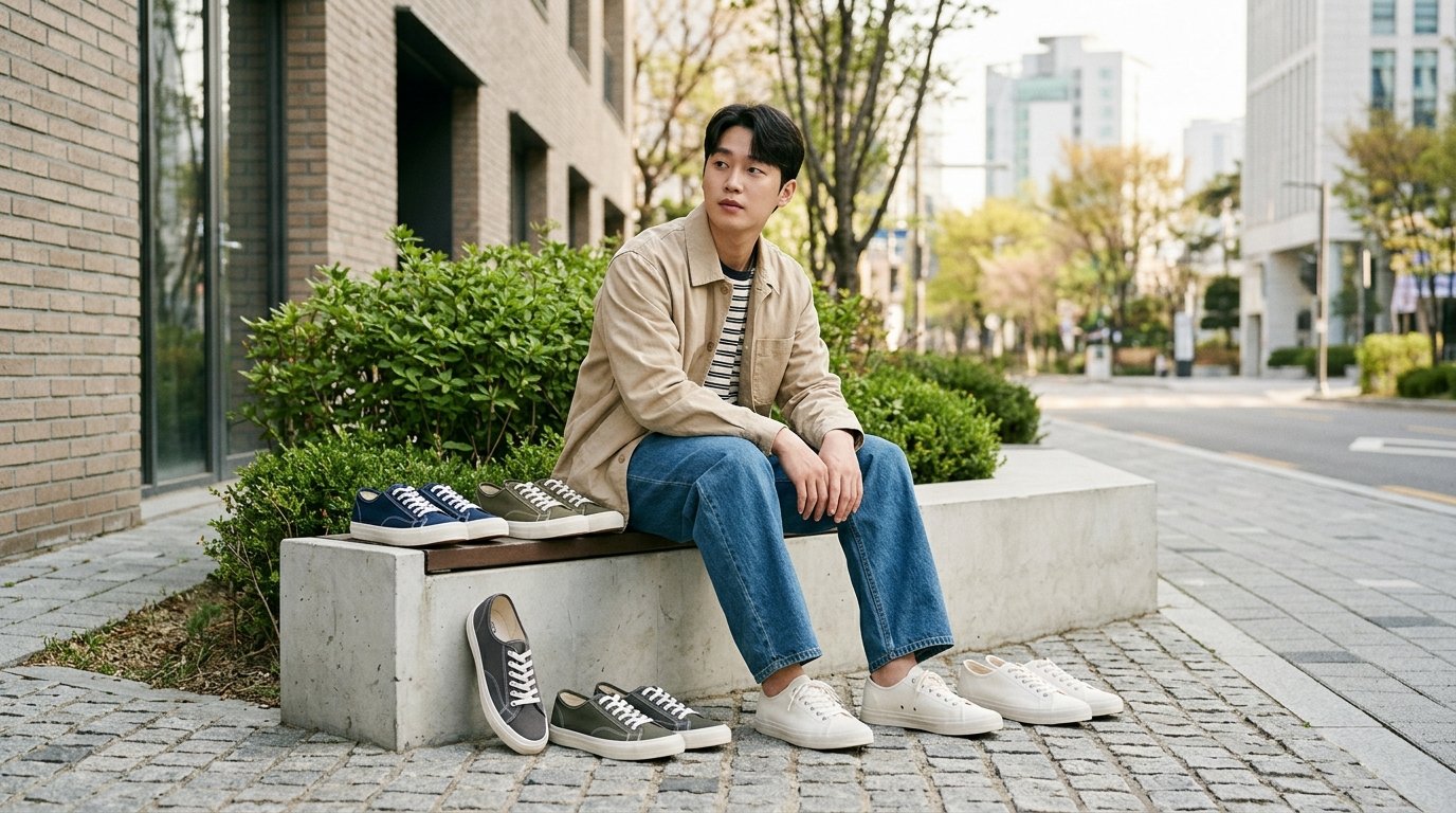 여러 크로스백을 맨 인물이 등장한 도시 거리 장면