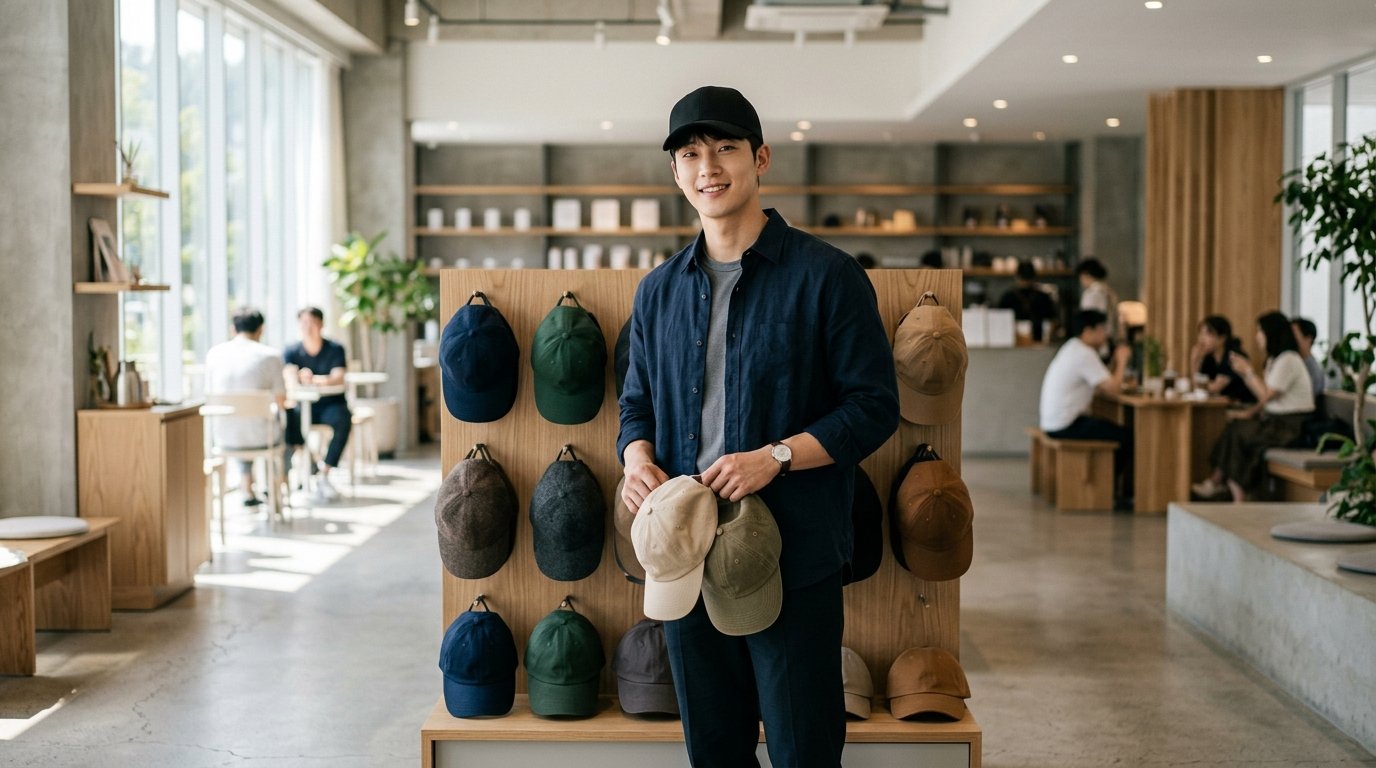 캔버스 천 위에 다양한 캡모자가 놓여있는 모습