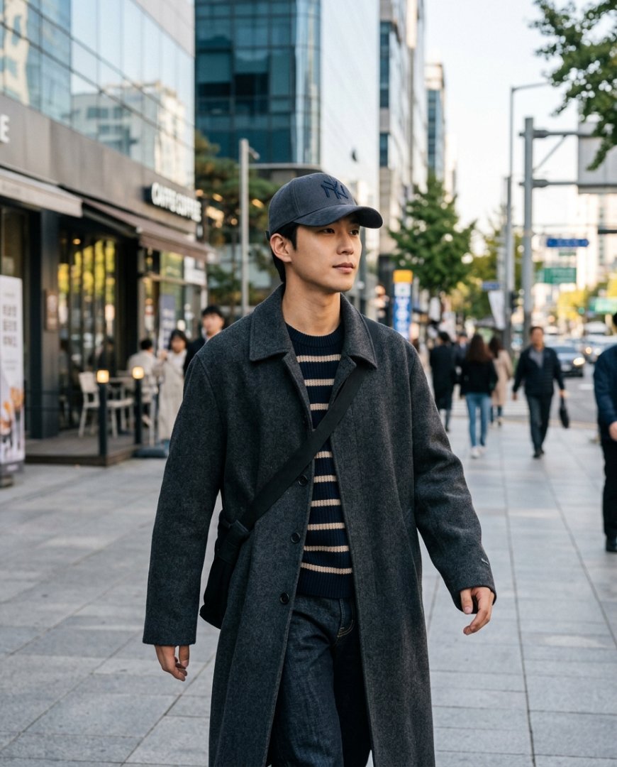도시 거리를 배경으로 모자를 쓴 남성이 걸어가는 모습