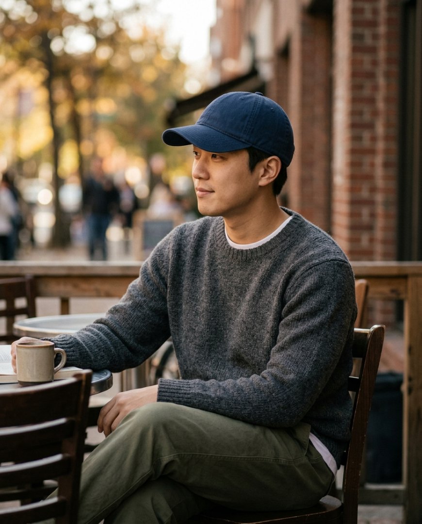 잔디밭에 앉아 모자를 쓴 남성이 편안하게 낮을 즐기는 모습