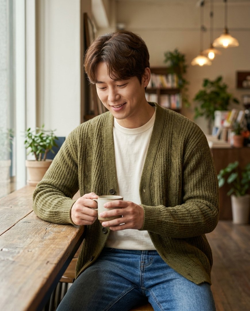 남성이 카페에서 베이지 가디건과 진청 데님을 입고 앉아 있는 모습