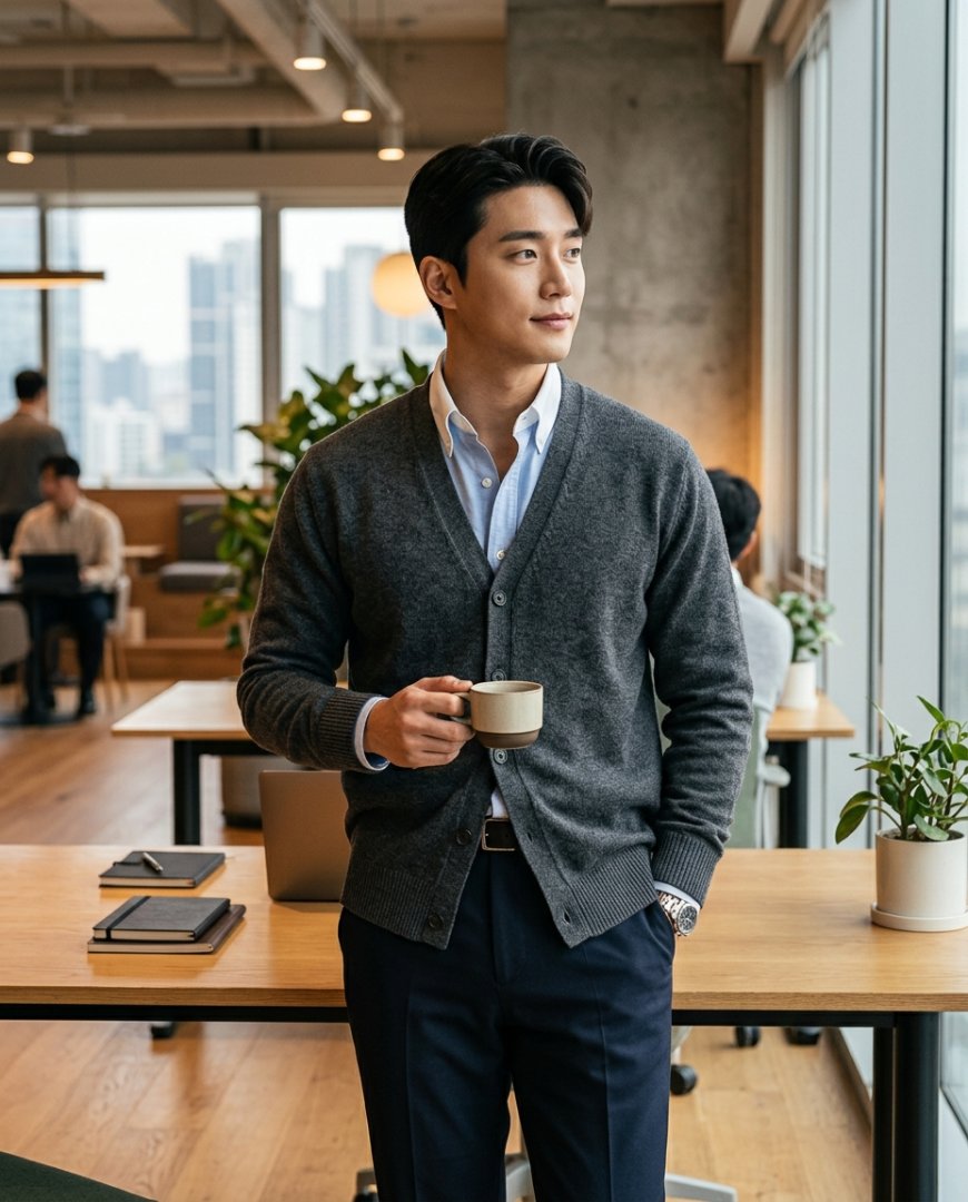 사무실 책상 앞에서 네이비 가디건을 입고 있는 남성