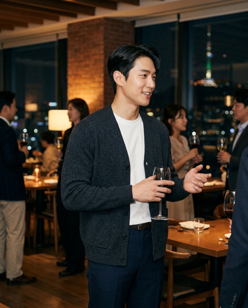 도심의 거리에서 저녁 모임을 준비하는 남성, 블랙 가디건과 회색 팬츠 착용