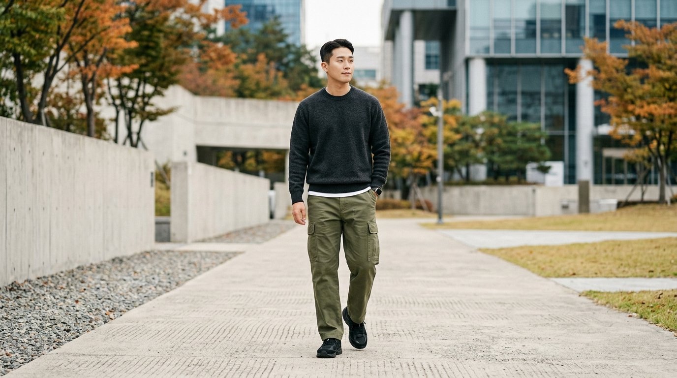 캐주얼한 상의와 남성 카고팬츠를 입은 남성이 거리를 걷고 있음