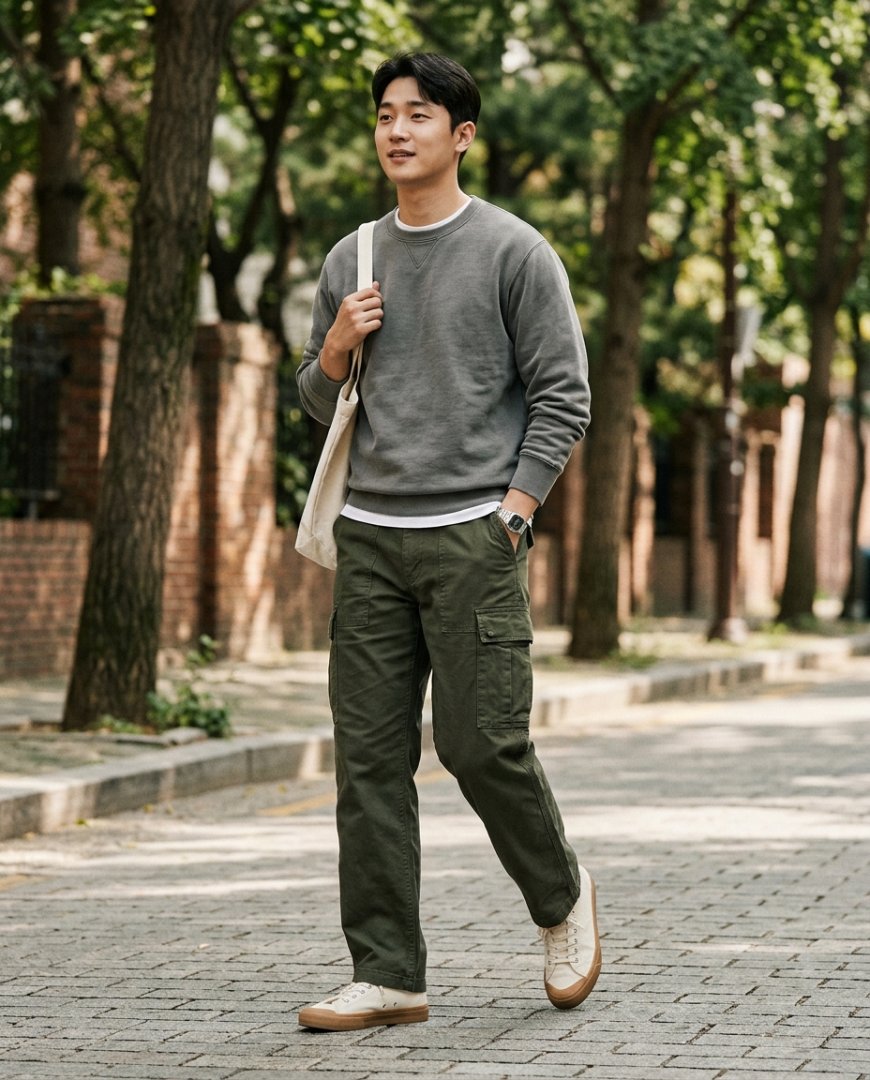 캐주얼 티셔츠와 운동화를 착용한 남성이 공원을 걸음을