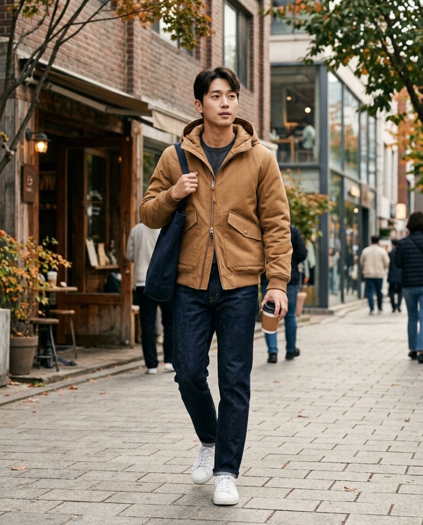 도심 거리를 산책 중인 캐주얼한 점퍼 차림의 남성
