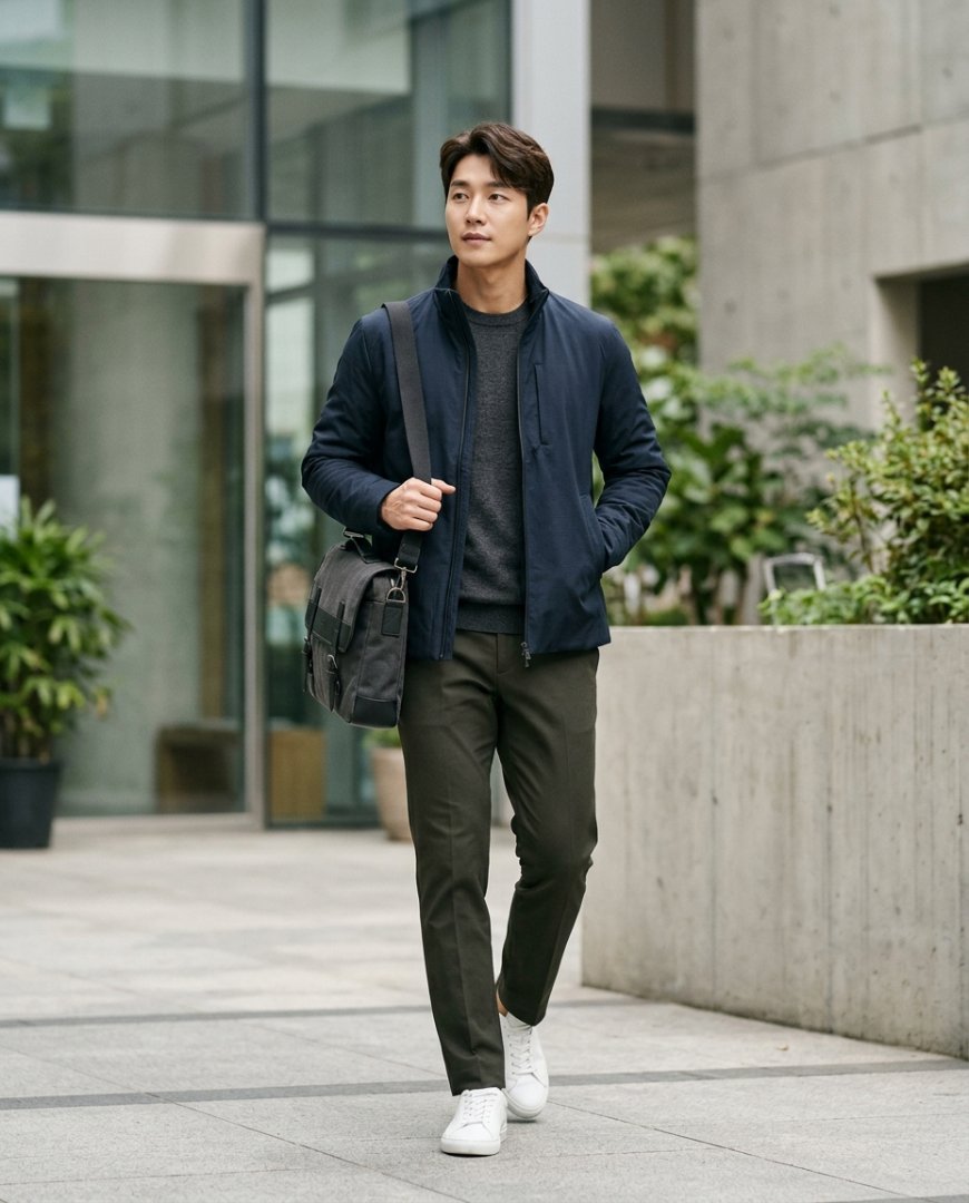 현대적인 사무실 안에서 캐주얼 점퍼를 입은 직장인