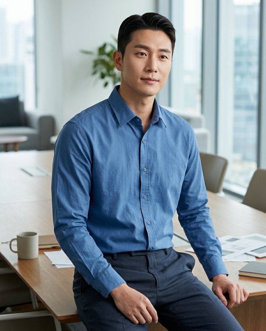 블루 캐주얼 셔츠와 슬랙스가 놓여 있는 회의 테이블