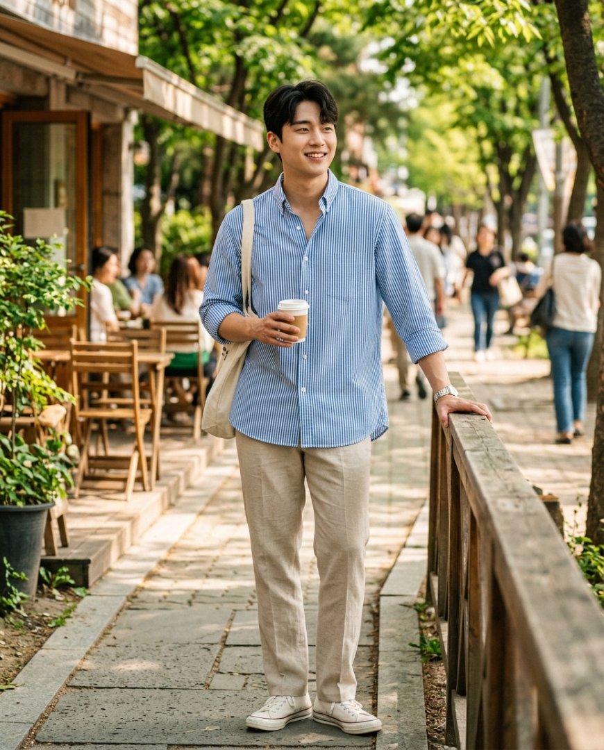 잔디밭에 놓인 캐주얼 셔츠와 스니커즈
