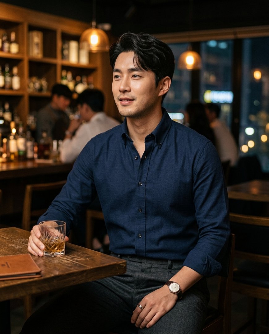 칵테일 파티 자리에서 네이비 셔츠와 진 팬츠