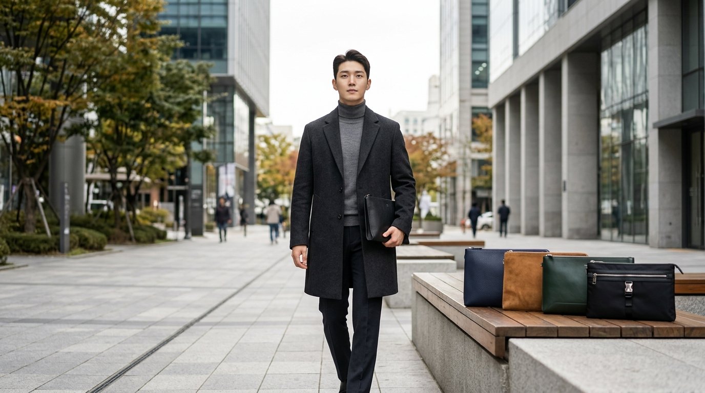 남성용 클러치백 여러 개가 매장에서 진열된 장면입니다.