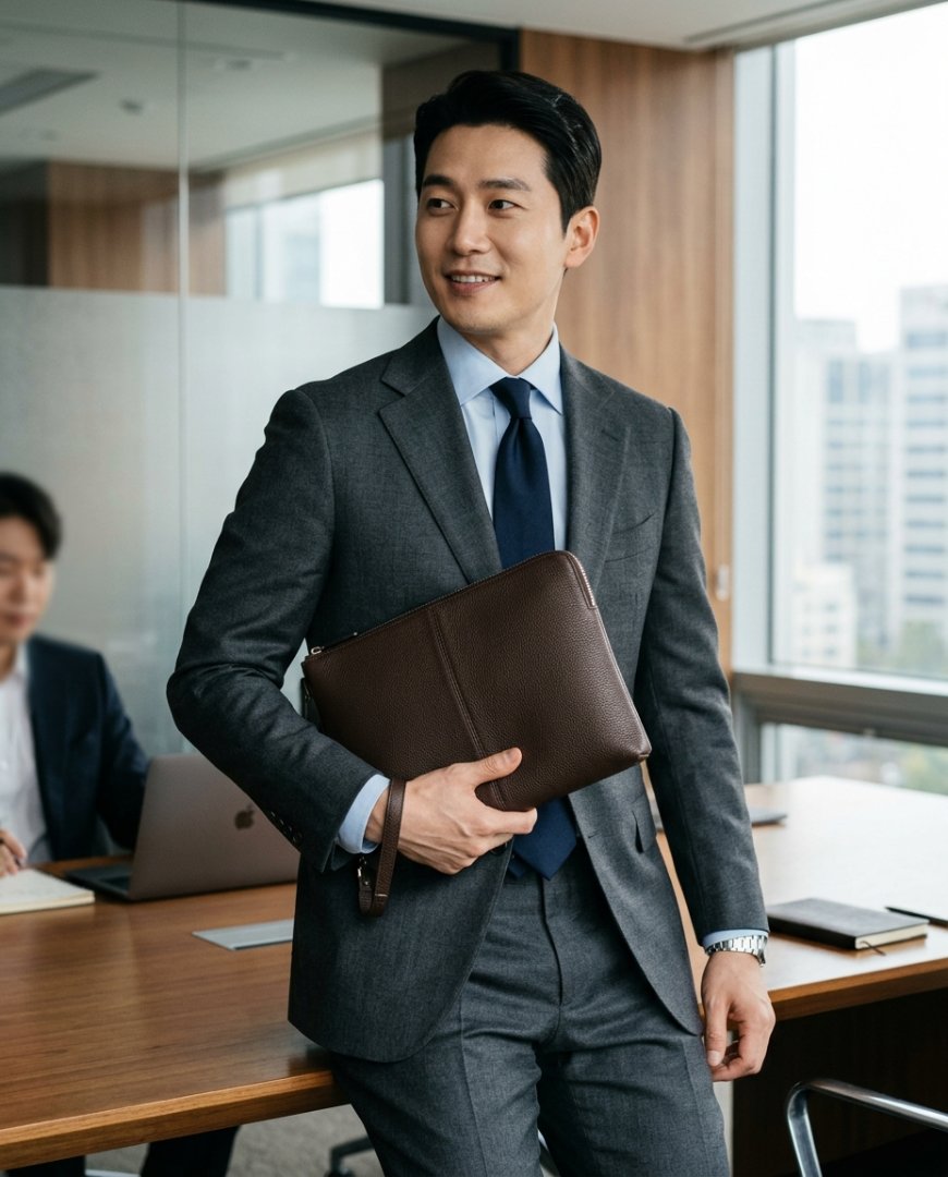 비즈니스 수트에 블랙 클러치를 든 남성의 모습입니다.