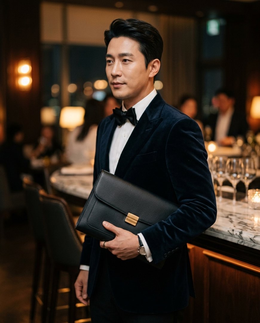 이브닝 수트를 입고 블랙 클러치를 든 남성의 옆모습입니다.
