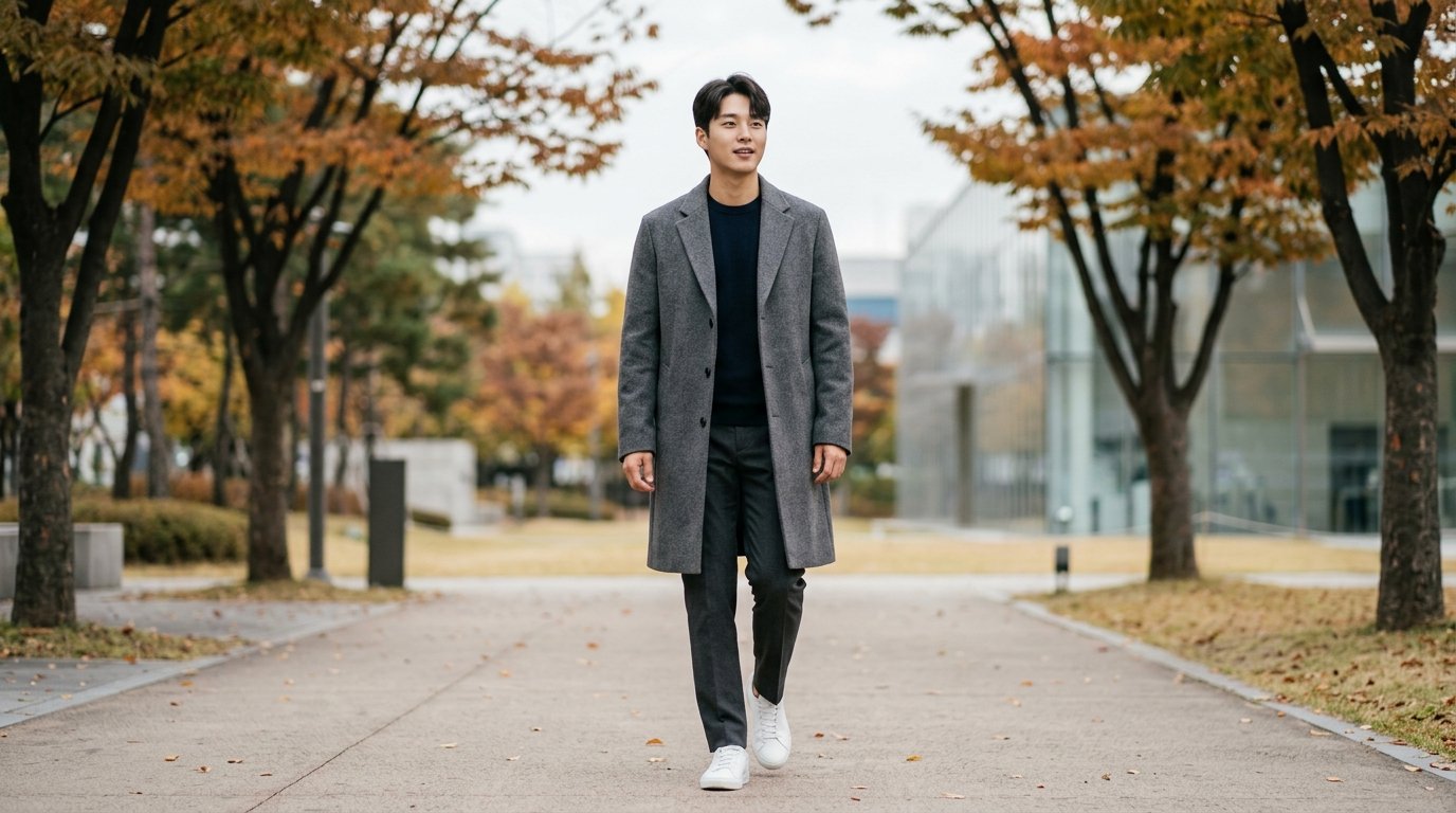 거리에서 여러 스타일의 남성 코트를 입고 있는 사람들, 서로 다른 포즈로 서있는 장면
