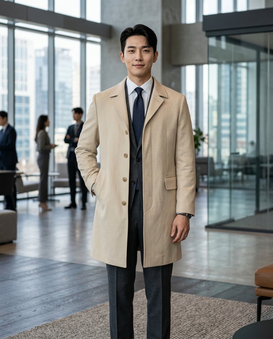 책상 앞에서 각각 다른 스타일의 코트를 입은 남성들