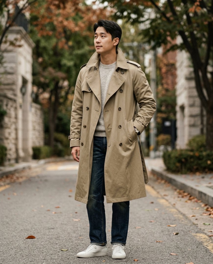 공원에서 여유롭게 산책하며 캐주얼 코트 입은 남성