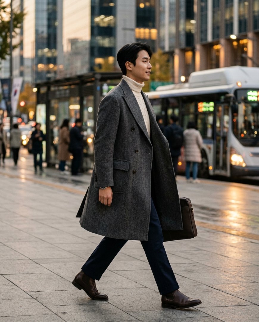 버스 정류장에서 편안하게 코트 입은 남성