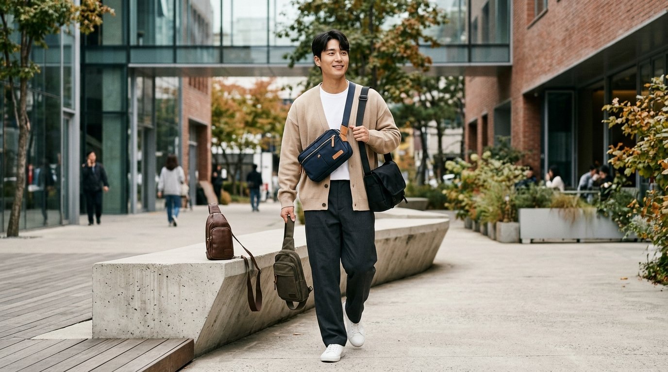 남성들이 다양한 소재와 색상의 크로스백을 매장에서 탐색하는 모습