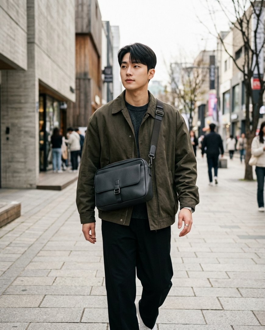 모던한 공간에 걸린 스웨이드 크로스백