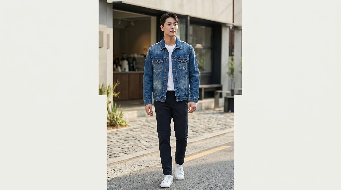 여러 남성 모델이 청자켓을 입고 있는 도심 배경의 패션쇼 모습
