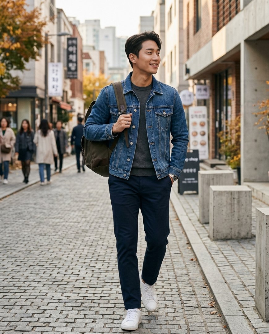 청자켓을 착용한 남성이 도시 거리에서 산책하는 장면