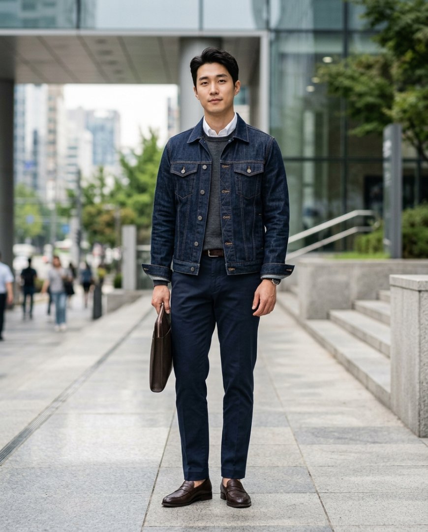 비즈니스 환경에서 청자켓을 입고 있는 모습