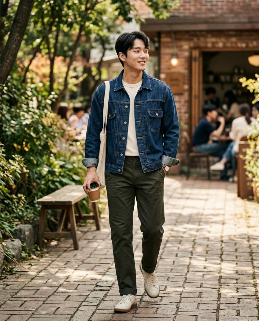주말 아침 청자켓을 입고 산책하는 모습
