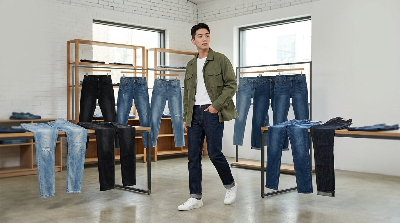 매장 내 여러 데님팬츠가 진열된 모습
