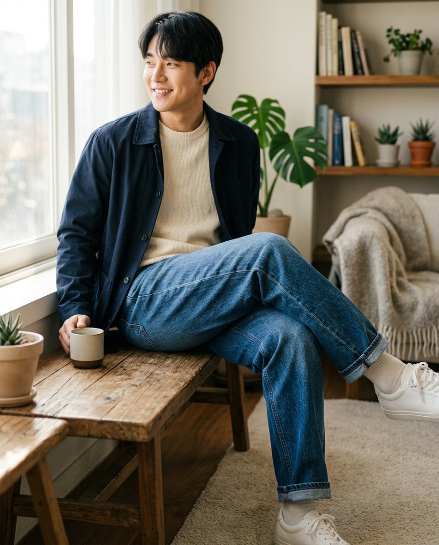 카페에서 데님팬츠와 스니커즈로 코디한 남성