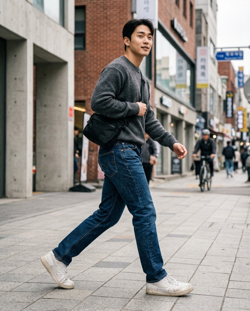 도심 거리에서 라이트블루 데님과 블랙후드를 입은 테마