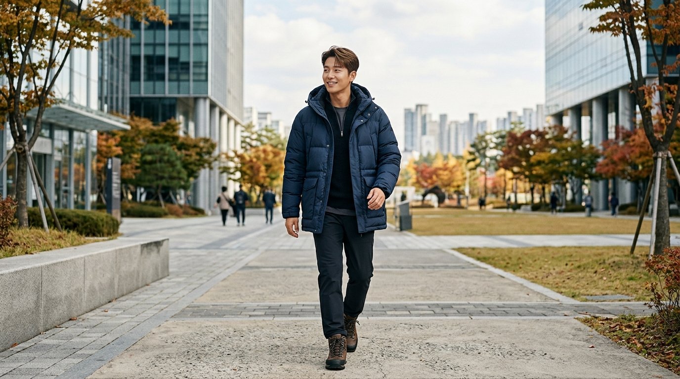 도심 속 다양한 다운점퍼 스타일링 모습