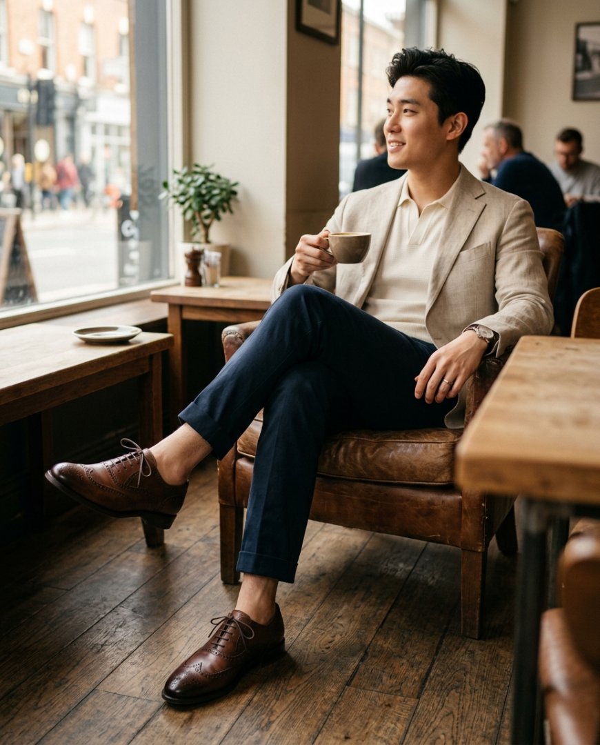 정장구두를 신은 남성이 커피숍에서 앉아 있는 모습.